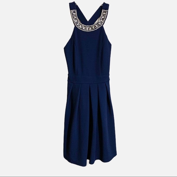 Alya Dresses & Skirts - Alya Sleeveless Knit Criss Cross Back Halter Embellished Navy Midi Dress. Size S